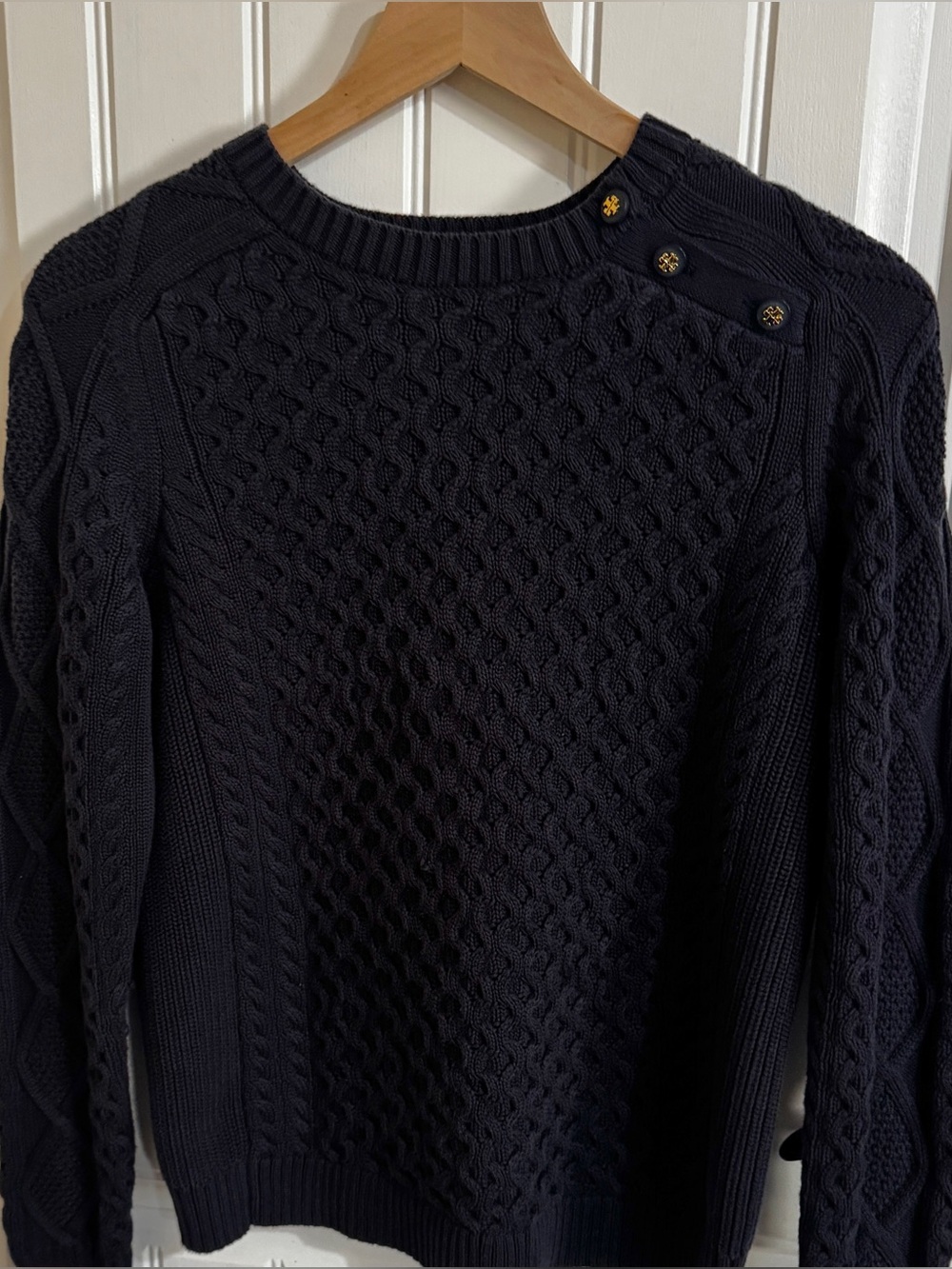 Tory Burch Cable Knit Sweater Navy Gold Logo Buttons Medium Preppy Coastal